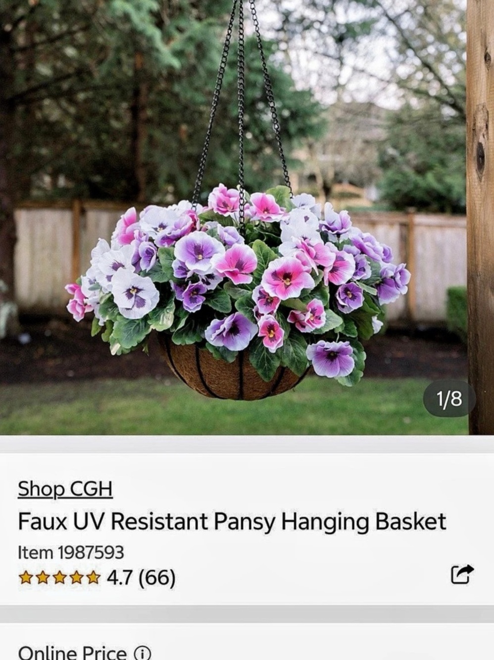 CGH Faux UV Resistant Pansy Hanging Basket Purple & Pink Faux Hanging Basket